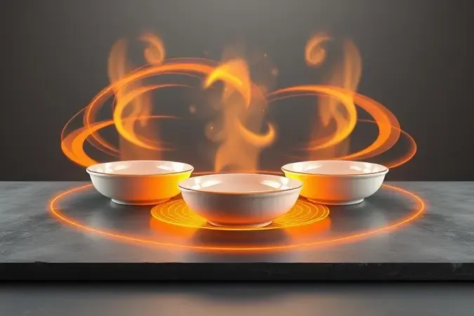 Visualização 3D conceitual de fluxo de ar quente e calor uniforme no preparo culinário.