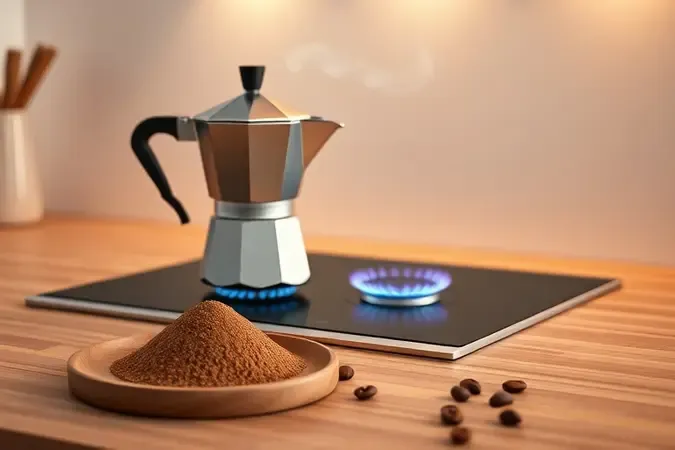 Cafeteira italiana sobre fogão com vapor aromático e café moído ao lado em render 3D conceitual com atmosfera acolhedora
