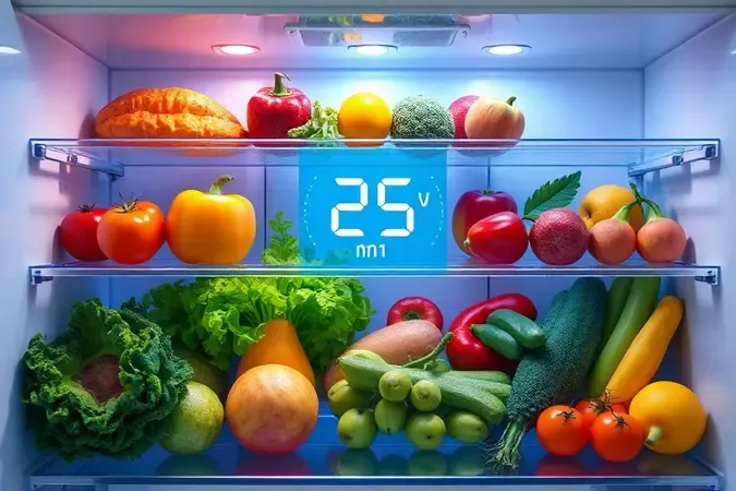 Renderização 3D de alimentos frescos preservados em geladeira moderna com tecnologia smart de controle de temperatura e umidade
