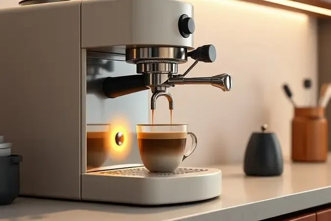 Pressão da cafeteira expresso ilustrada em render 3D com extração de café e medidor conceitual