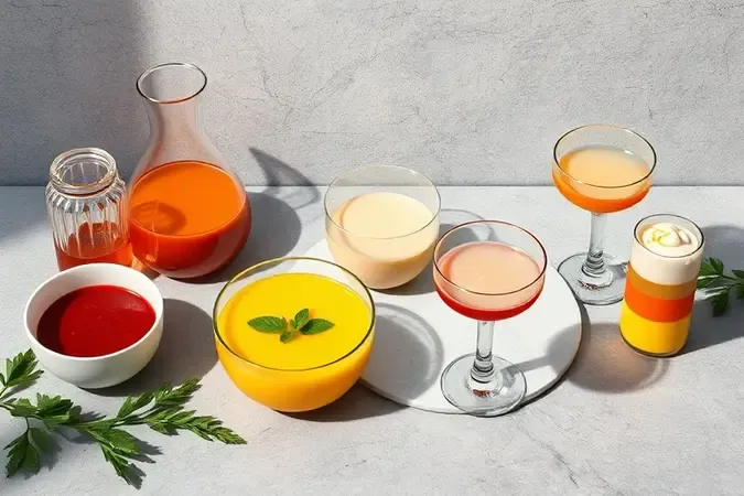 Composição 3D conceitual com molhos, sopas cremosas e drinks preparados em liquidificador blender.
