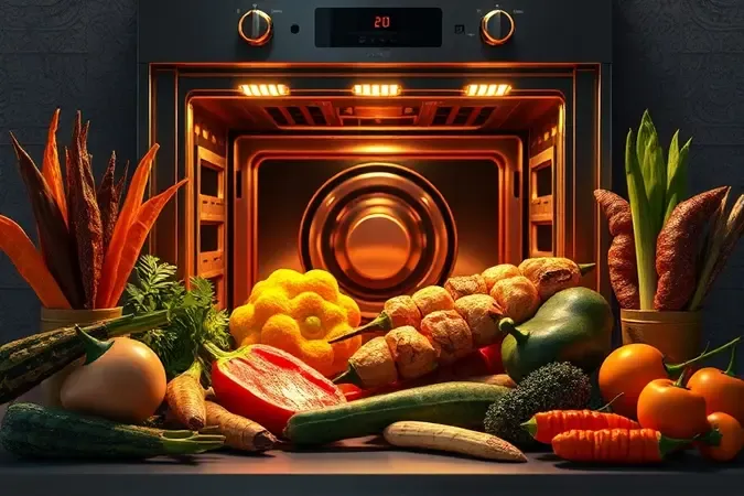 Composição 3D elegante com diversos alimentos saudáveis e grelhados preparados em air fryer oven.
