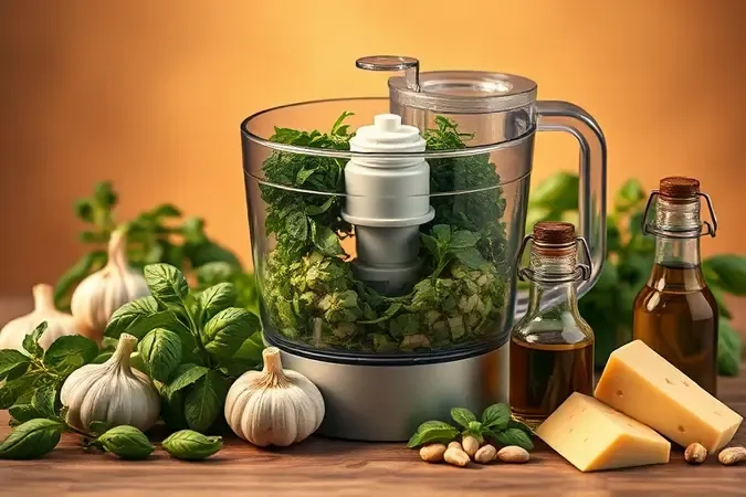 Render 3D conceitual de ingredientes frescos ao redor de processador de alimentos para preparo de receitas caseiras com iluminação acolhedora.
