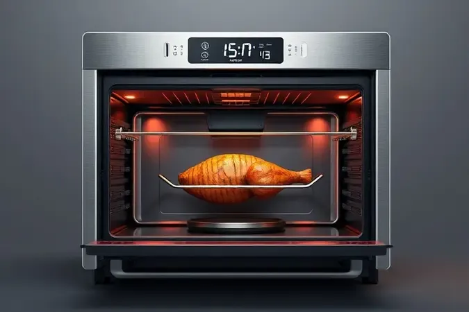 Interior de forno elétrico com resistências, espeto giratório e timer digital
