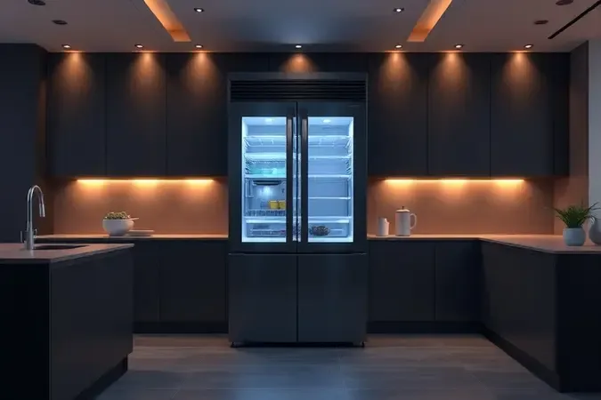 Cena conceitual 3D de recursos tecnológicos inteligentes em geladeira moderna integrada à cozinha.
