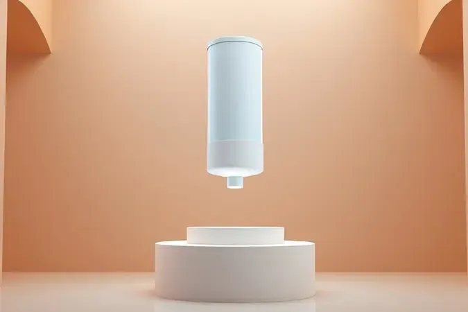 Render 3D conceitual de refil e cartucho filtrante para purificador de água.