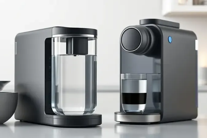 Render 3D de reservatório de água transparente ao lado de cafeteira moderna em cozinha clean
