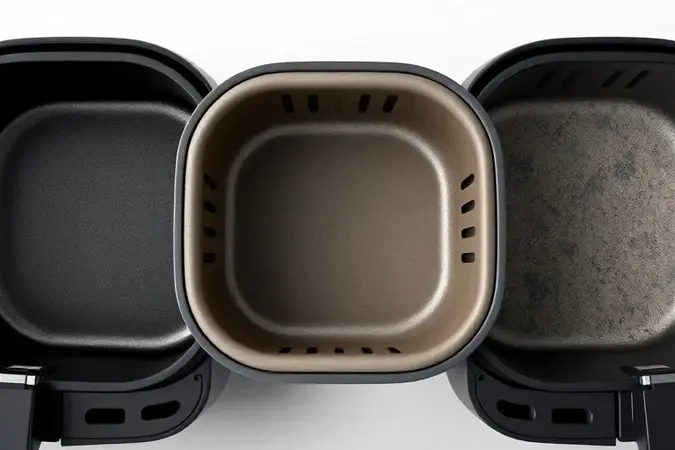 Detalhe conceitual de revestimentos internos de air fryer em renderização 3D mostrando diferentes materiais