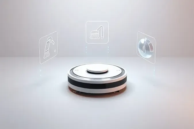 Ilustração 3D conceitual de robô aspirador 3 em 1 com funções de aspirar, varrer e passar pano representadas por formas geométricas abstratas