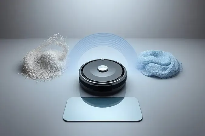 Render 3D conceitual mostrando as três funções do robô aspirador 3 em 1: aspirar, varrer e passar pano