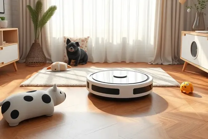 Render conceitual em 3D de robô aspirador inteligente navegando suavemente em ambiente doméstico com acessórios pet.