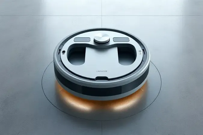 Visualização conceitual em 3D de robô aspirador moderno com estação inteligente de carregamento e esvaziamento automático.