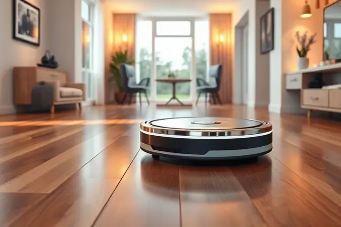 Robô aspirador inteligente limpando piso de madeira em ambiente doméstico moderno.