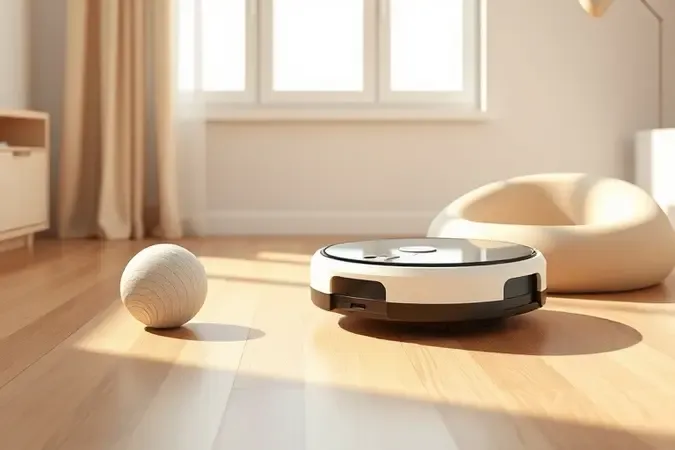 Renderização 3D de robô aspirador em ambiente doméstico acolhedor com indicativos sutis de presença de pets como brinquedo minimalista