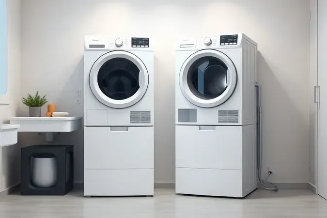 Render 3D comparando secadora de parede e secadora de piso em lavanderia minimalista.