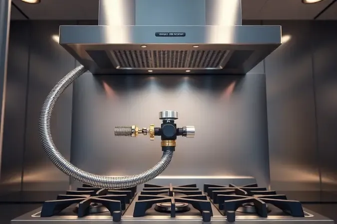 Render 3D de instalação segura de fogão industrial com ventilação, mangueira e registro de gás