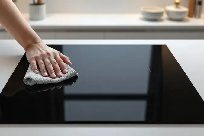 Superfície de vitrocerâmica preta de cooktop por indução sendo limpa com pano de microfibra em cozinha moderna.