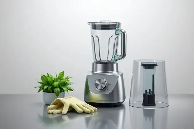 Render 3D conceitual de equipamentos de proteção ao lado de liquidificador industrial