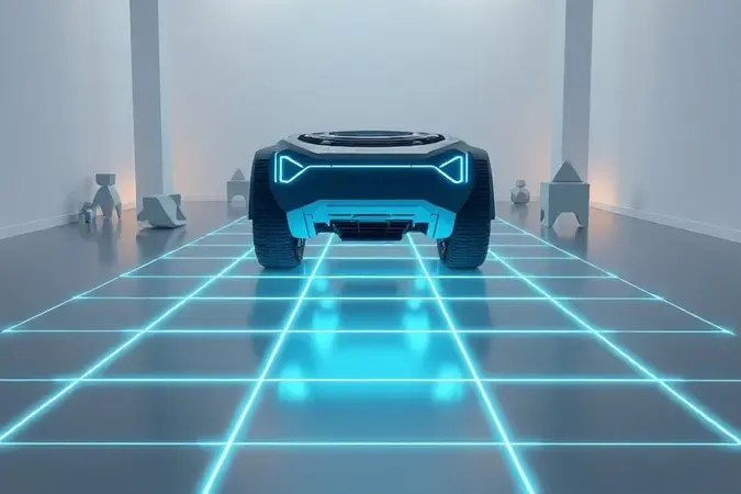 Renderização 3D de sensores inteligentes e laser LiDAR mapeando o piso de uma casa com animais.