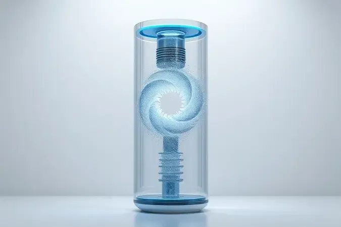 Render 3D conceitual mostrando sistema ciclônico de aspirador vertical sem marca com fluxo de ar e poeira