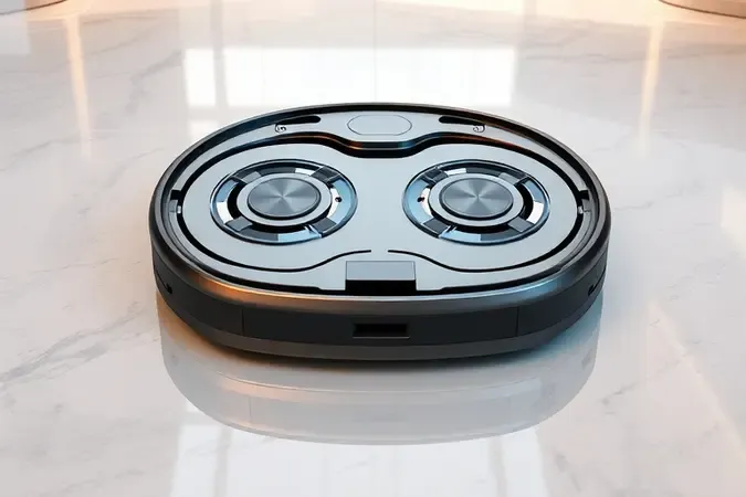 Render 3D conceitual detalhando o sistema de esfregão mop giratório de robô aspirador higienizando piso de mármore.