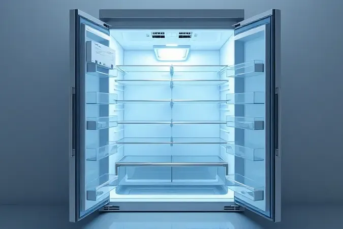 Visualização conceitual em 3D do sistema de fluxo de ar frost free no interior de uma geladeira moderna e limpa.