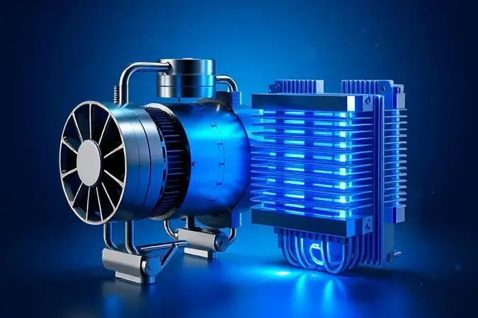 Representação 3D conceitual comparando sistemas de refrigeração por compressor e placa eletrônica para purificadores.