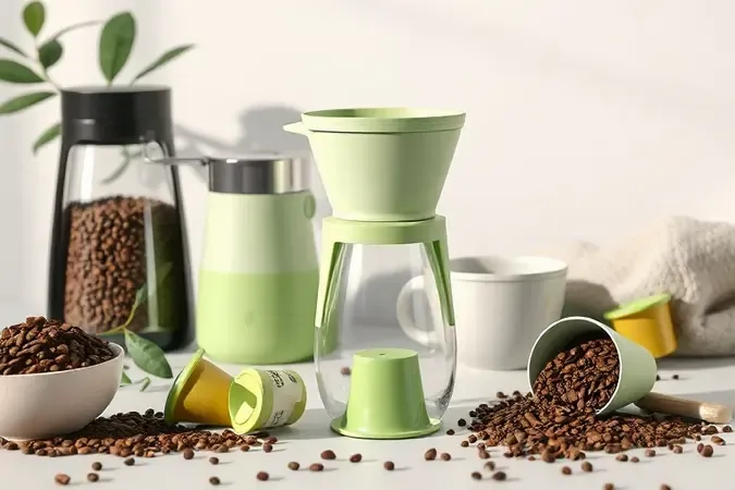 Render 3D de filtro permanente e cápsulas recicláveis para cafeteira elétrica sustentável