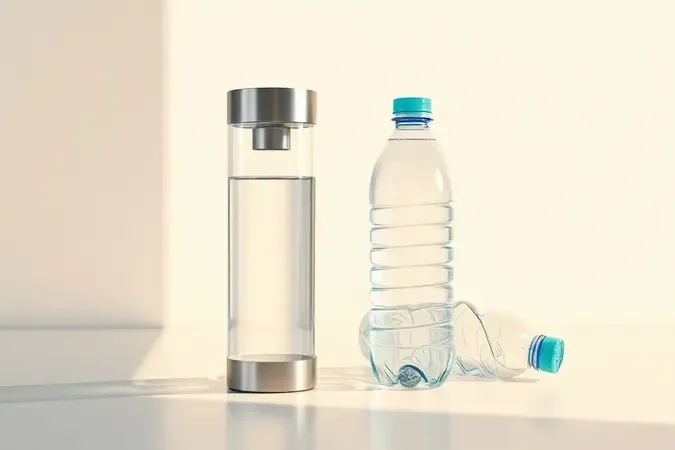 Render 3D conceitual comparando purificador de água reutilizável com garrafa plástica descartável representando sustentabilidade.
