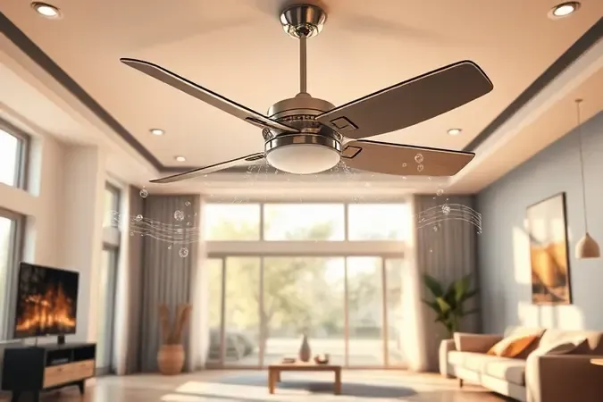 Fluxo de ar de ventilador de teto grande em cômodo moderno em render 3D.