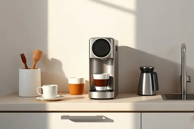 Render 3D de cafeteira compacta sobre bancada pequena com composição espacial minimalista