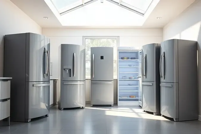 Render conceitual 3D comparando dimensões e capacidades de geladeiras modernas em ambiente de cozinha planejada.