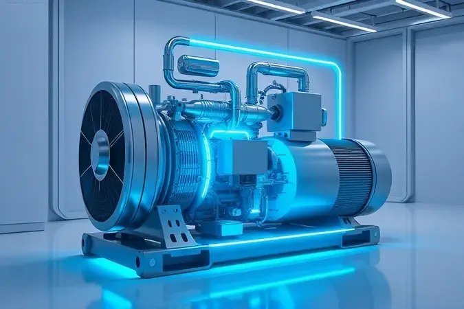 Representação gráfica 3D do funcionamento de compressor inverter com eficiência energética e baixo consumo.