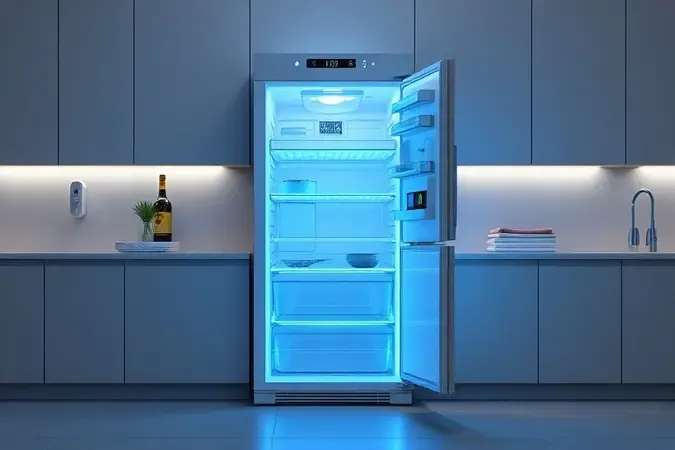 Ilustração conceitual 3D de geladeira moderna com tecnologia de eficiência energética e resfriamento inteligente para cozinha.