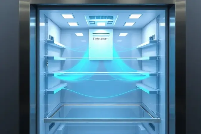 Renderização 3D conceitual de tecnologia de refrigeração e fluxo de ar para preservação de alimentos.