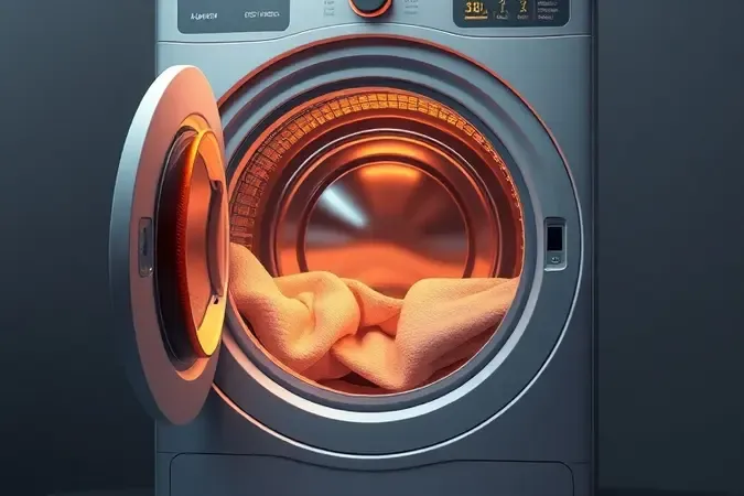 Ilustração 3D conceitual de sensores inteligentes e fluxo de ar quente no interior de um tambor de secadora moderna.