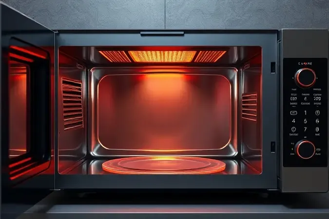Visualização 3D das tecnologias internas de grill e circulação de ar em micro-ondas.