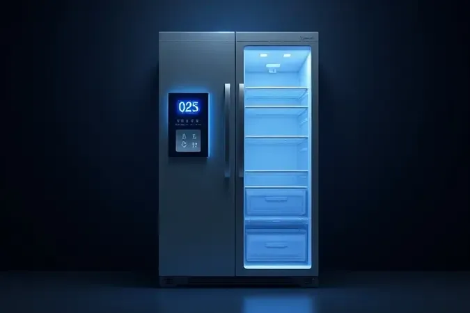 Render 3D de geladeira side by side com painel digital e fluxo de ar frio representando tecnologia