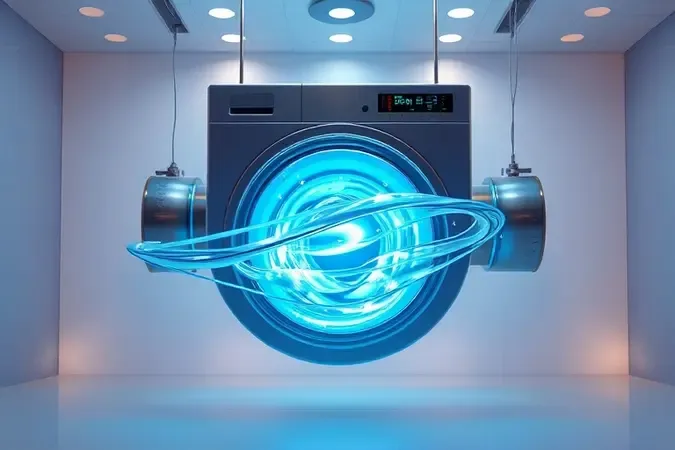 Ilustração 3D conceitual representando tecnologias avançadas de lavagem e vórtice de água em lavadoras modernas.