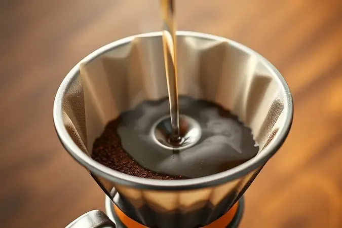 Render 3D de extração de café com água quente e vapor em filtro de cafeteira elétrica