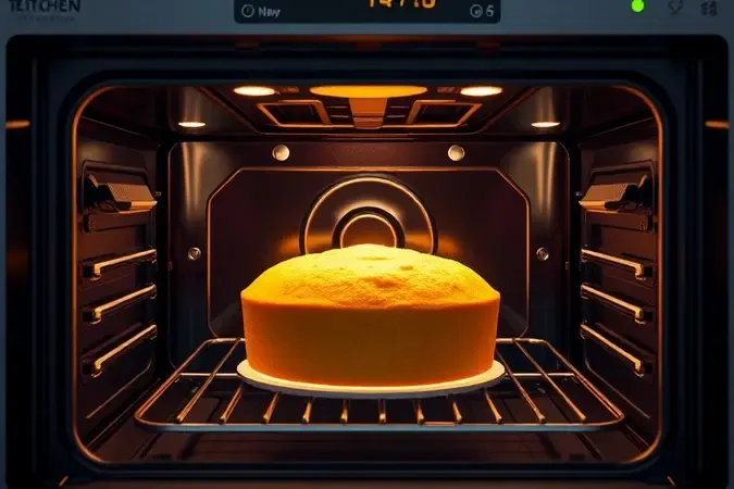 Ilustração 3D conceitual de controle de temperatura e distribuição de calor ao assar bolo no forno elétrico.