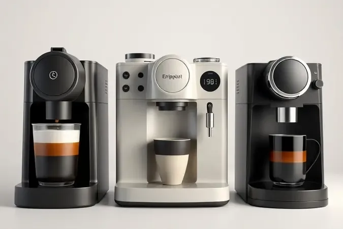 Comparativo em render 3D de tipos de cafeteira elétrica: gotejamento, cápsulas e espresso