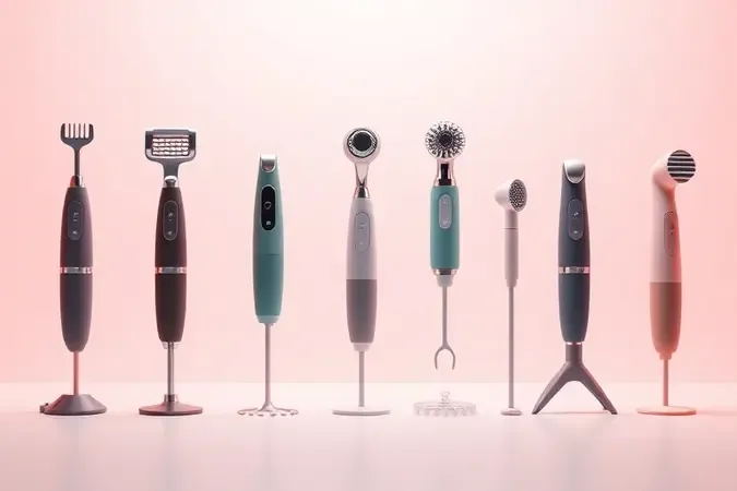 Ilustração 3D com diferentes tipos conceituais de batedeiras de mão e suportes portáteis.