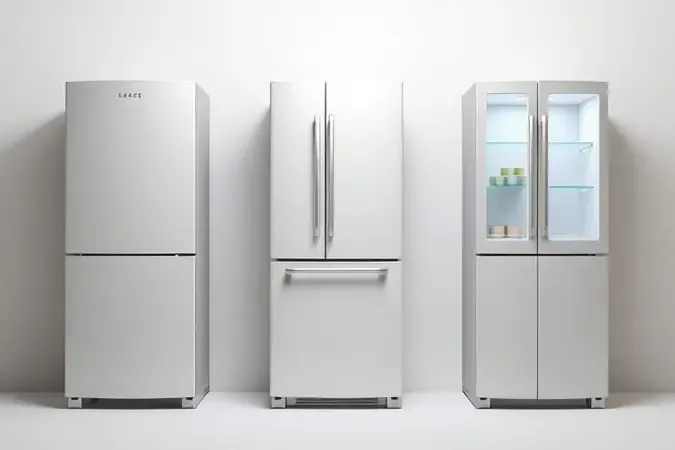 Representação 3D conceitual de três silhuetas de geladeiras com diferentes tipos de portas, destacando variações de design.
