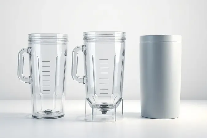 Comparação conceitual em 3D de jarras de liquidificador feitas de vidro, tritan e plástico resistente.