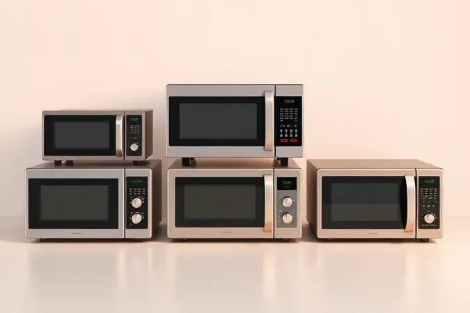 Três tipos de micro-ondas modernos alinhados em superfície neutra