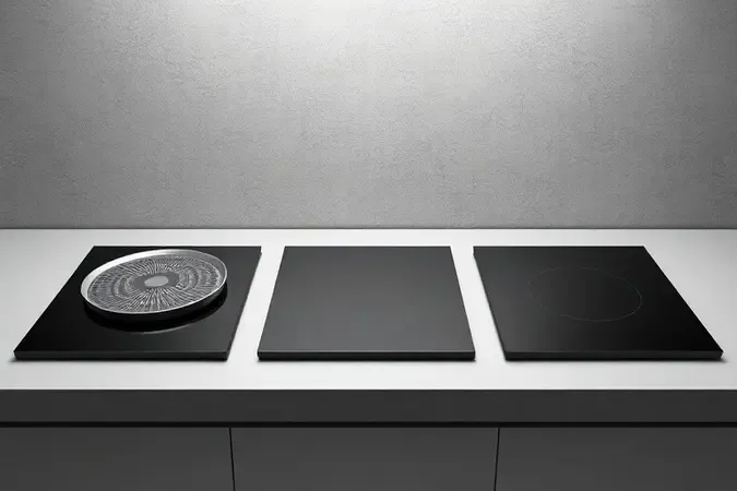 Comparação conceitual 3D entre chapas de fogão em ferro fundido, alumínio polido e vitrocerâmica em ambiente minimalista.