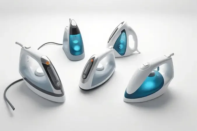 Tipos de ferro de passar representados em render 3D conceitual com ferro a vapor, seco e portátil