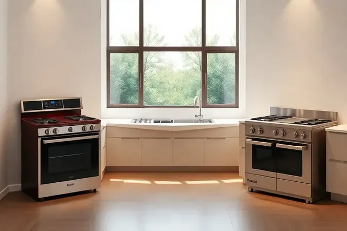 Render 3D conceitual comparando tipos de fogão 6 bocas: modelo de piso com forno, cooktop de embutir e cooktop profissional independente