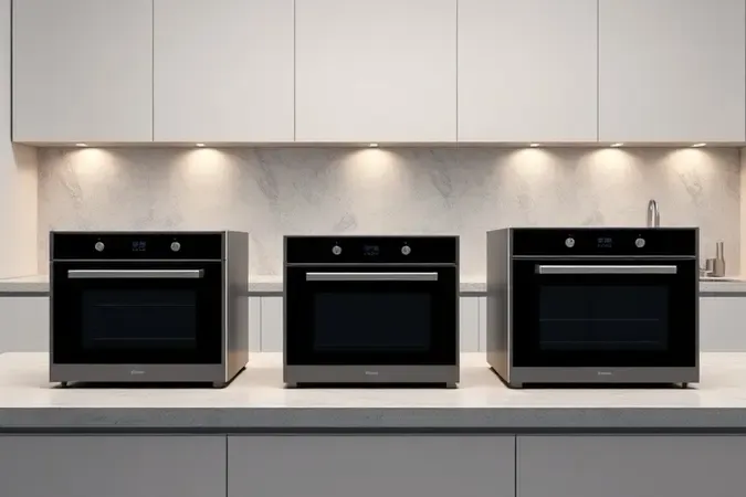 Três tamanhos de forno elétrico de bancada lado a lado em render 3D